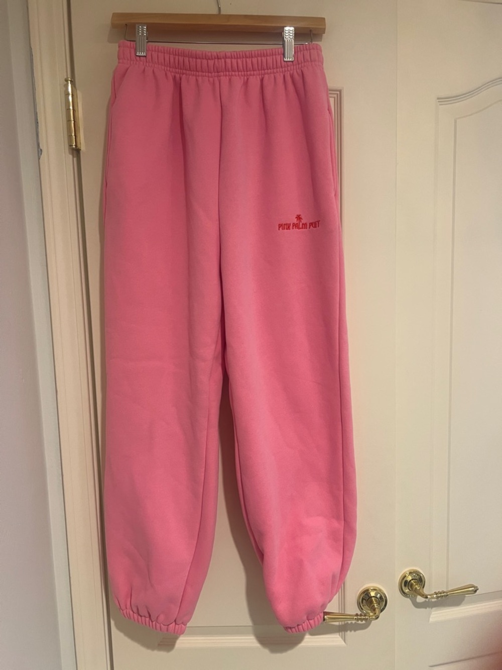 Pink Palm Puff Women’s Pink Sweat Joggers with Subtle Logo-sz sm-worn once